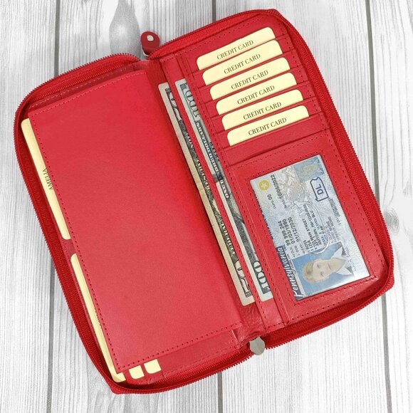 Genuine Leather Checkbook Cover, Credit Card Organizer, Long Checkbook Wallet - Picture 3 of 10